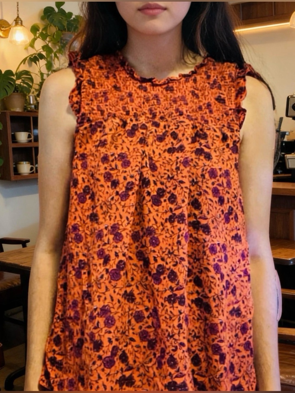 Old Navy Orange Floral Peasant Blouse crinkle smocked bodice ruffled trim size L